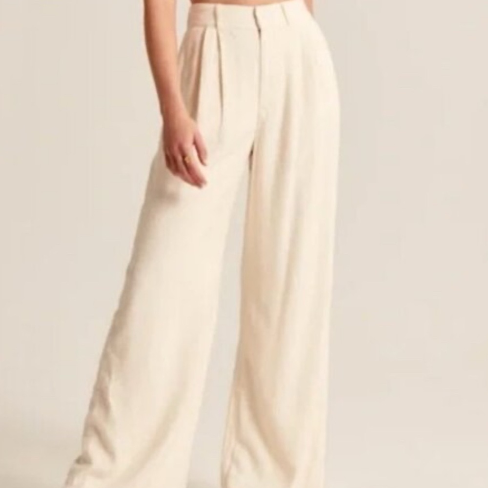 Cream Wide-Leg Linen Pants